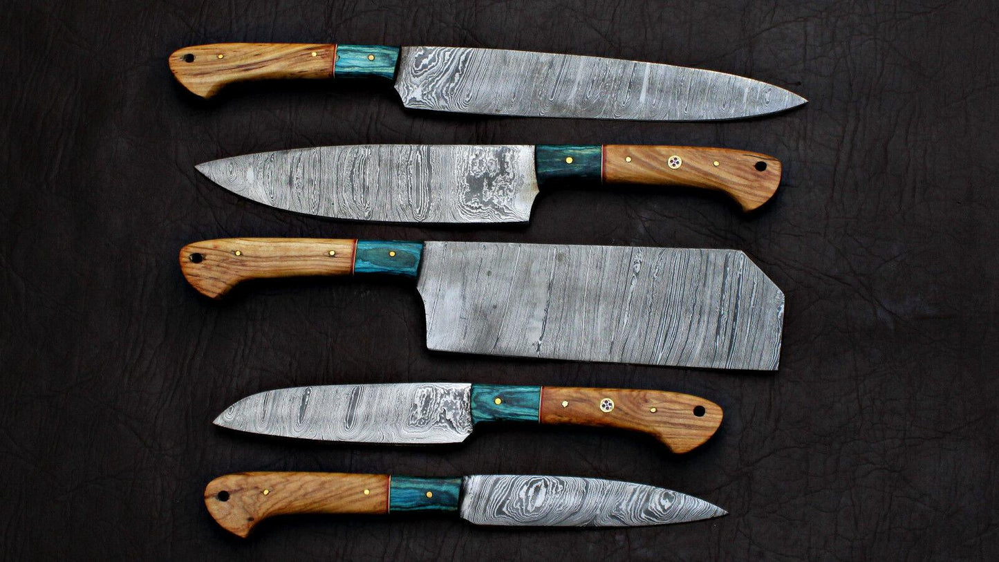 Complete 5 pc Damascus steel kitchen knife set displayed with protective storage sheaths.