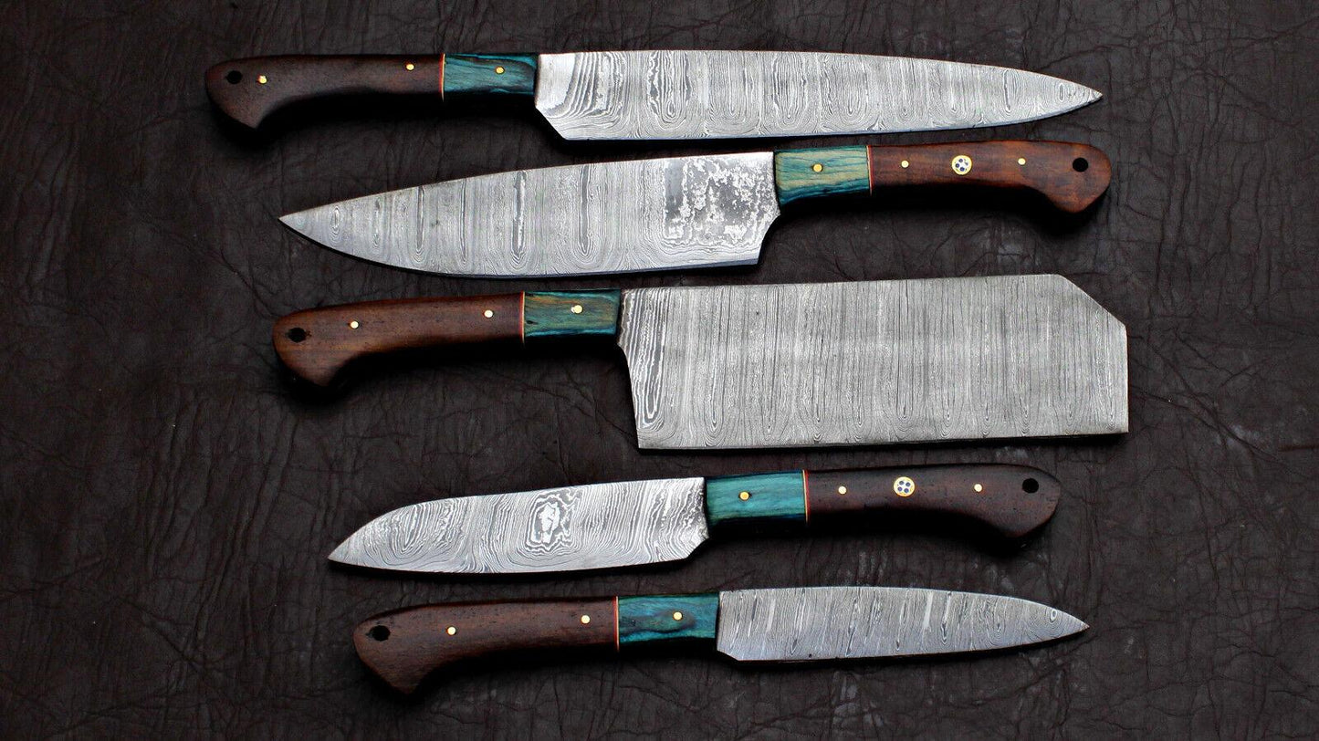 Complete 5 pc Damascus steel kitchen knife set displayed with protective storage sheaths.