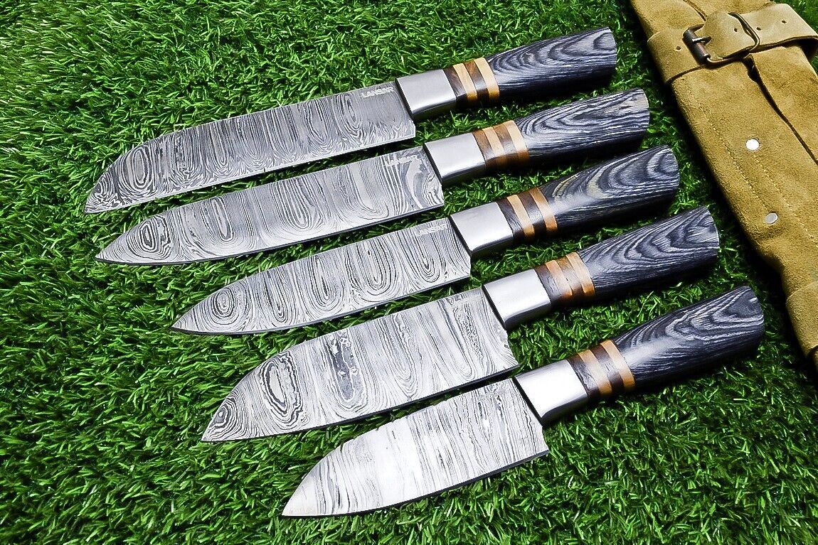 5 pc custom Damascus kitchen knife set with hand forged 384 layer steel blades and hardwood handles with steel bolsters.
