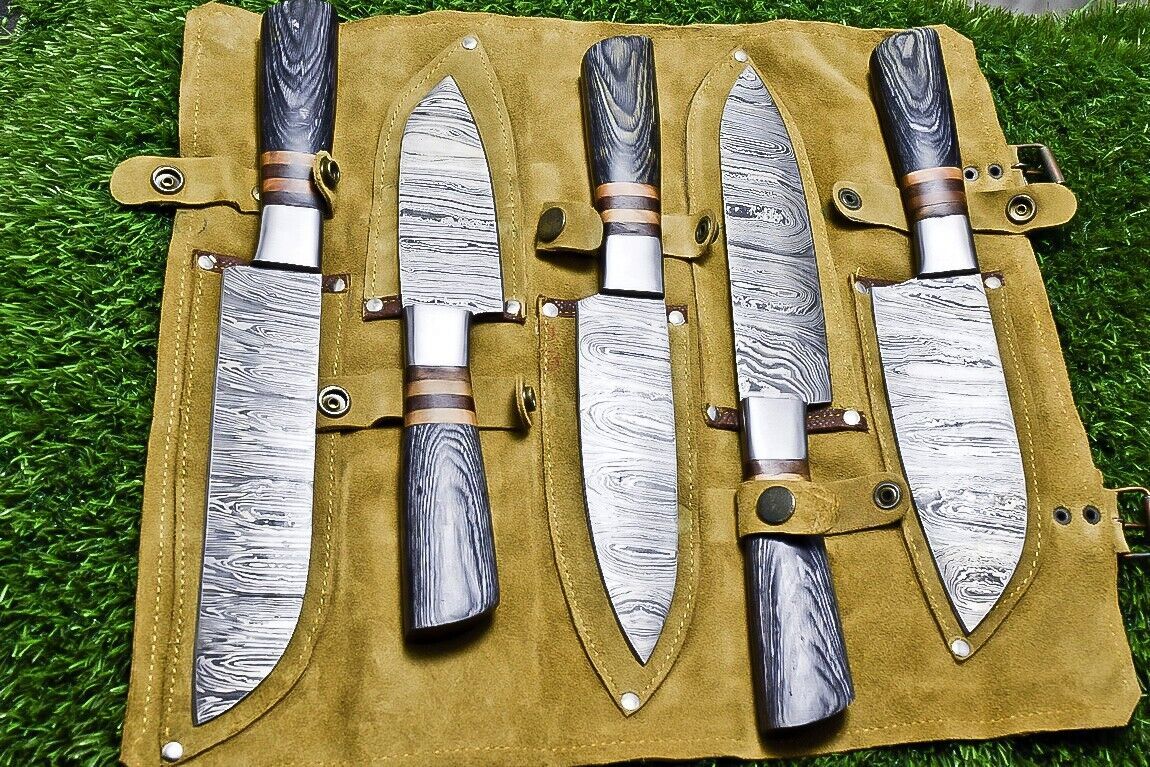 Complete 5 pc custom Damascus kitchen knife set displayed with a thick, hand stitched leather storage sheath.