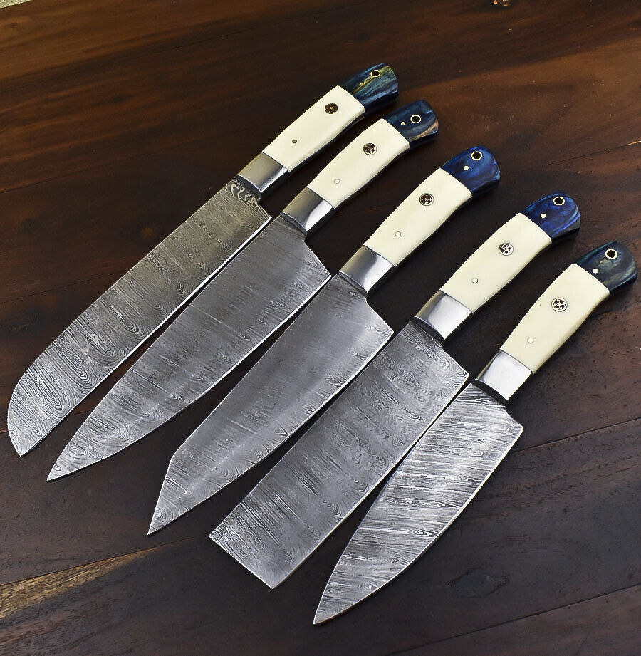 5pc custom handmade Damascus chef knife set with camel bone handles and leather sheaths.