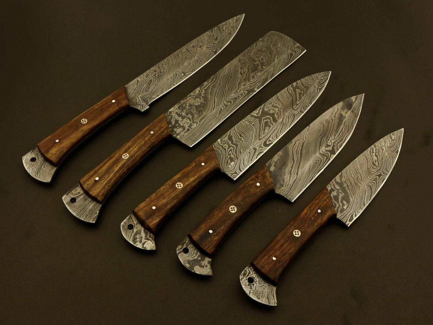 Handmade 5 piece Damascus steel chef knife set with hand forged 512 layer blades and a premium leather carrying case.