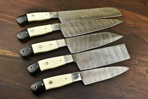 Hand forged 5 piece Damascus steel chef knife set featuring genuine camel bone handles and silver bolsters.
