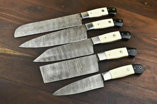 Complete 5 piece Damascus steel chef knife set with protective leather sheaths for professional storage.