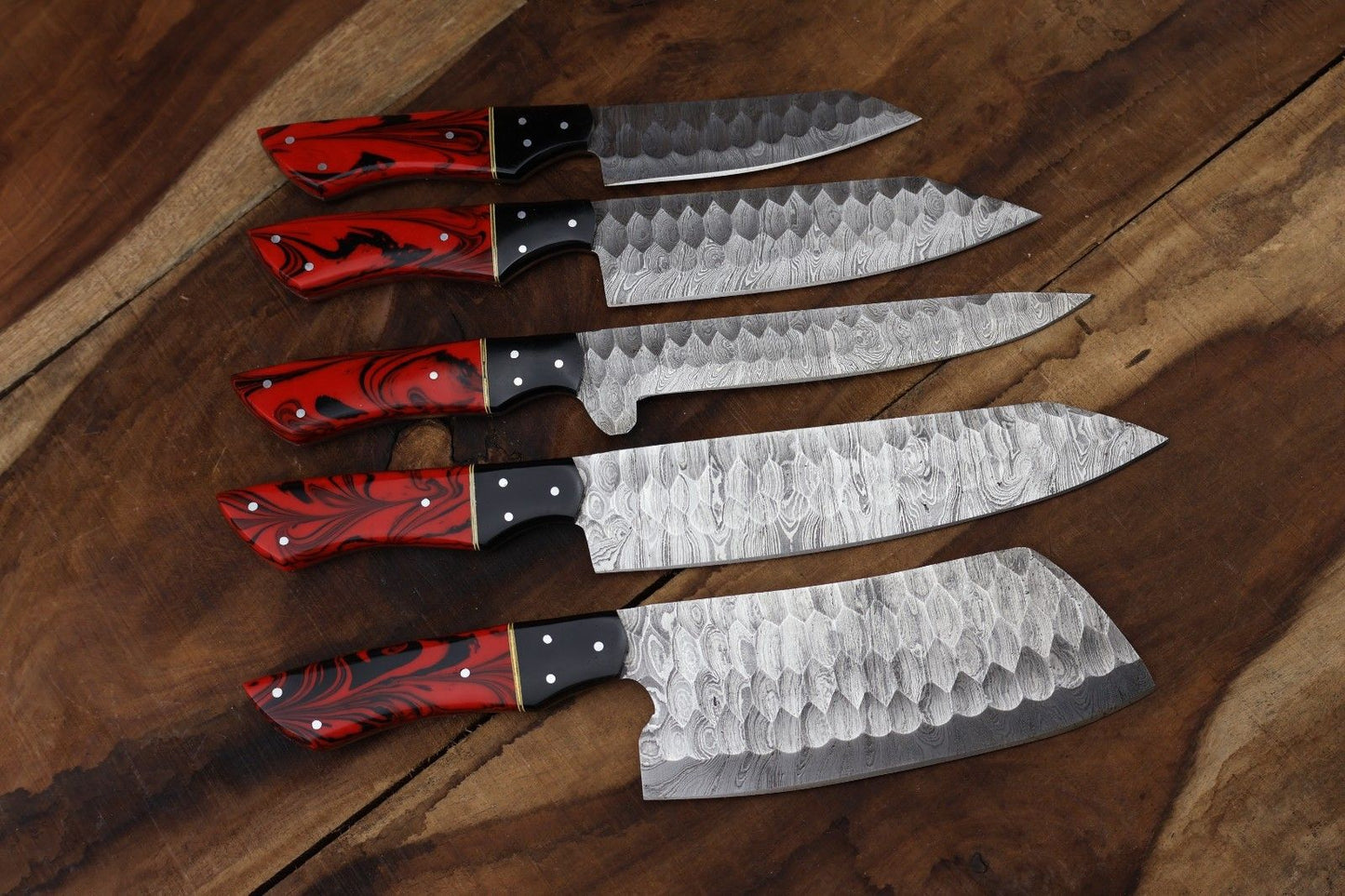 Versatile 5 pc handmade Damascus steel knife set ranging from 10 to 13 inches, ideal for both culinary precision and outdoor utility.