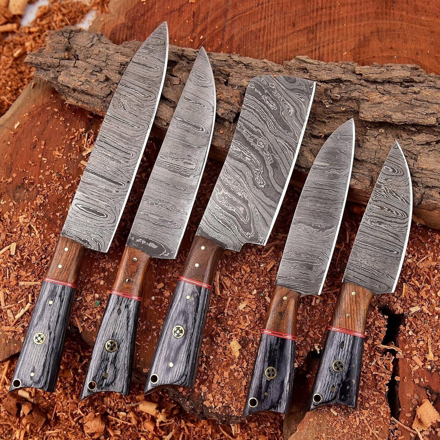 Hand forged 5 piece Damascus steel kitchen knife set with premium rosewood handles and leather storage roll.