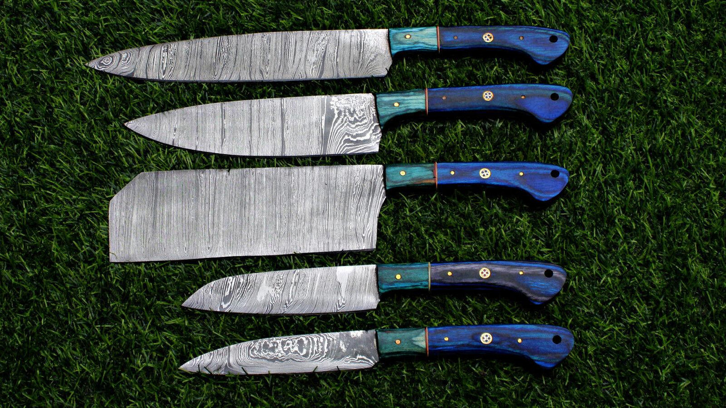 Complete 5 pc Damascus steel kitchen knife set displayed with protective storage sheaths.