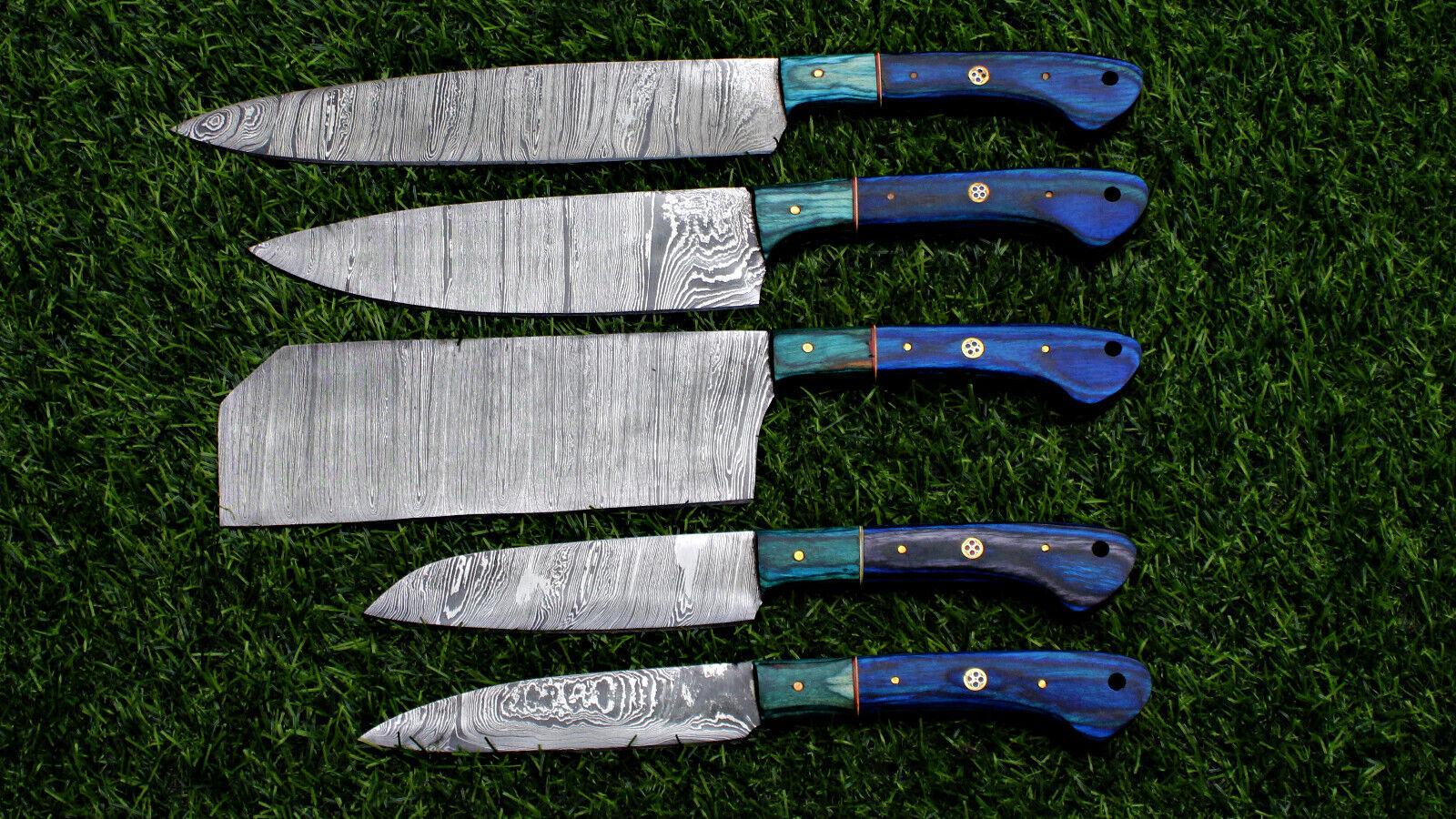 Complete 5 pc Damascus steel kitchen knife set displayed with protective storage sheaths.