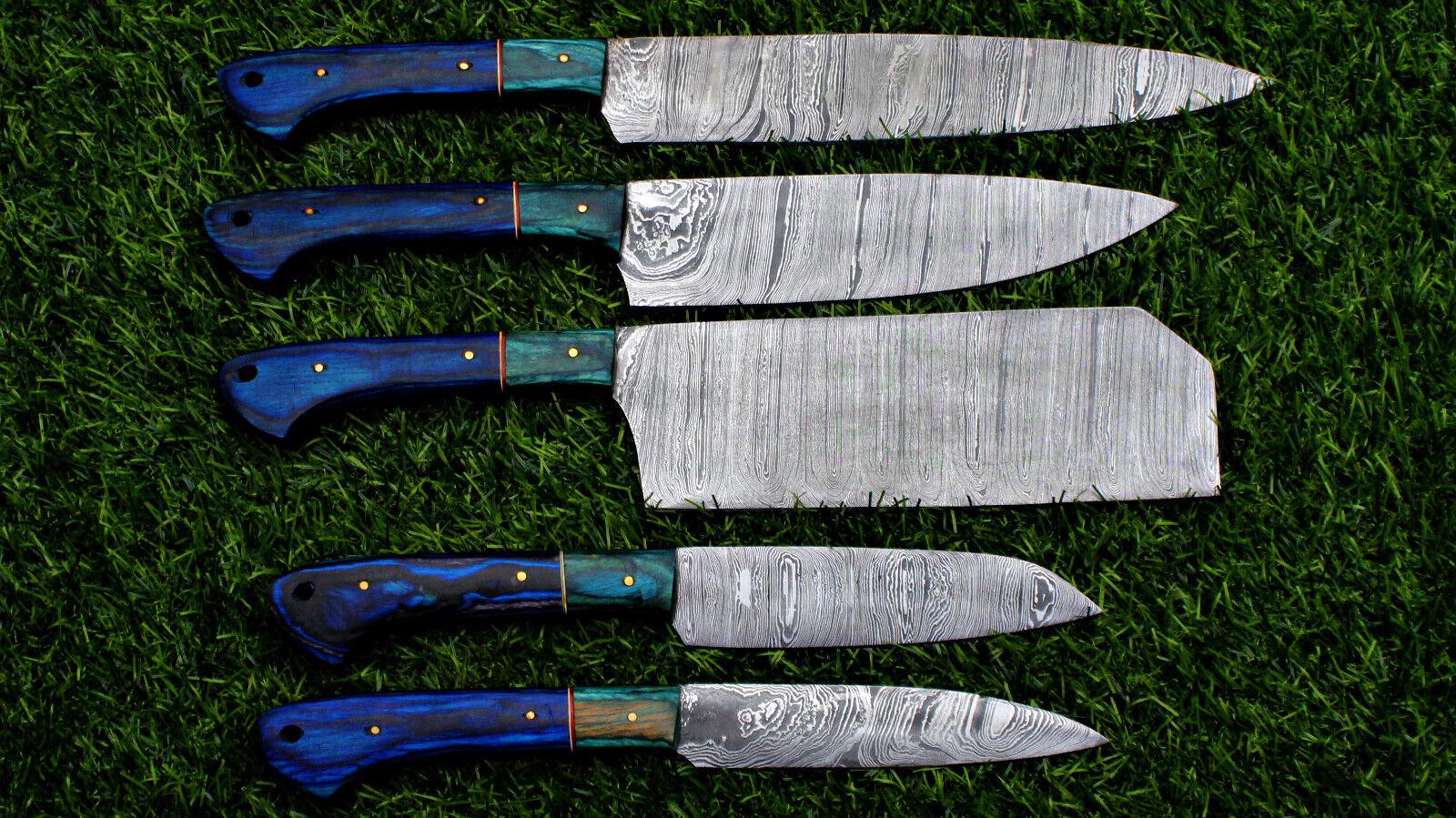 5pc custom handmade Damascus chef knife set with forged steel blades on a rustic wooden background.
