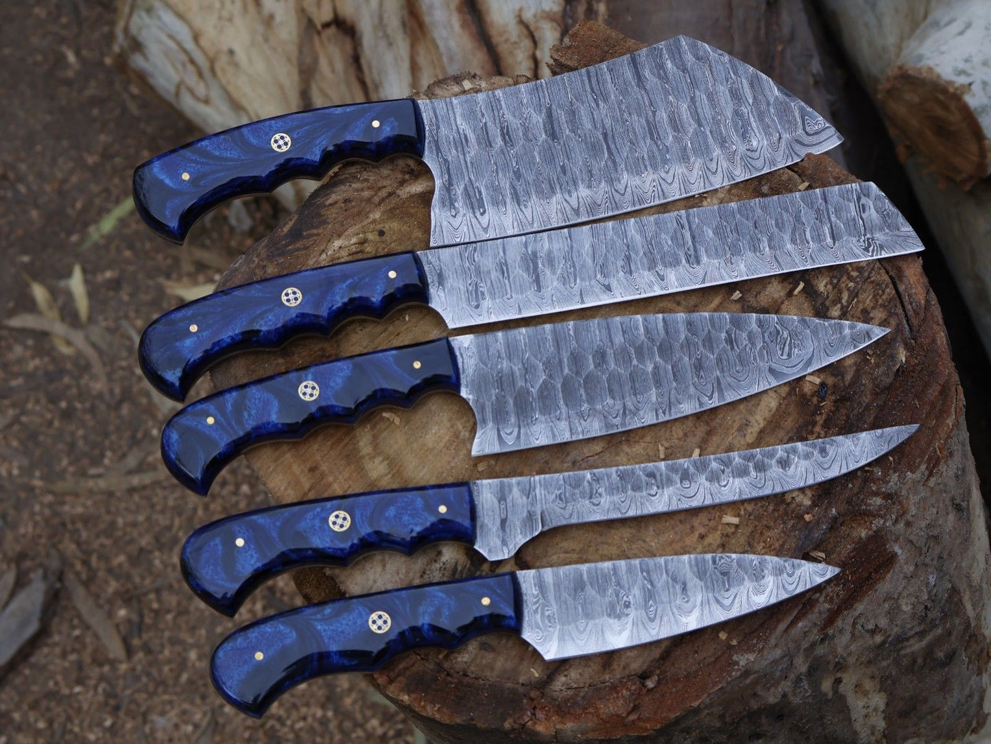 5pc Handmade Damascus Chef Knife Set – Forged Steel Kitchen Knives with Leather Sheath