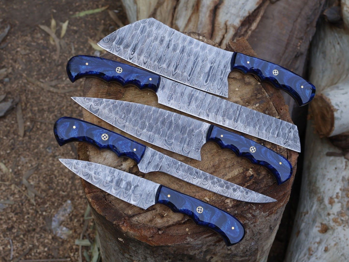 5pc Handmade Damascus Chef Knife Set – Forged Steel Kitchen Knives with Leather Sheath