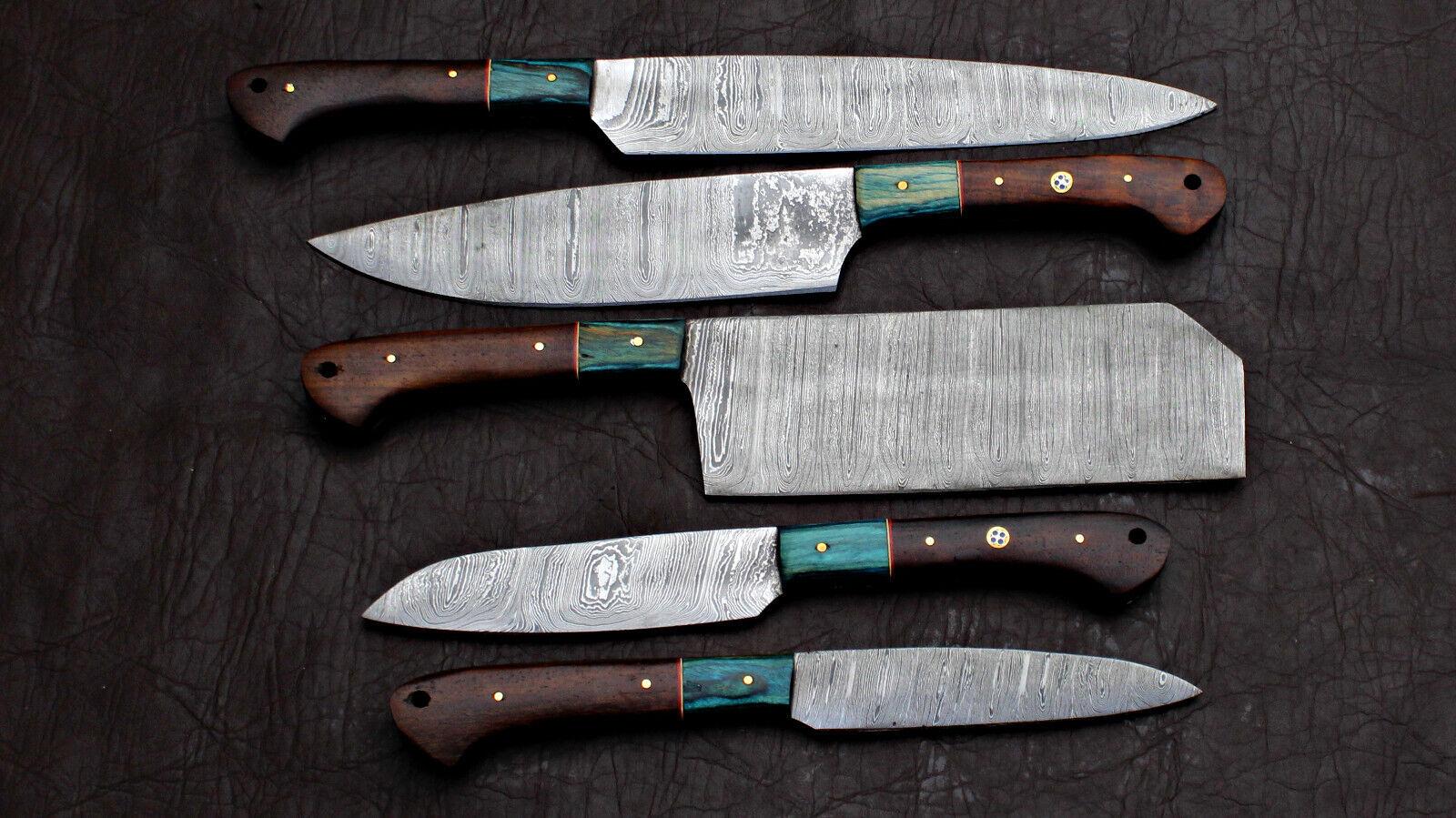 Complete 5 pc Damascus steel kitchen knife set displayed with protective storage sheaths.