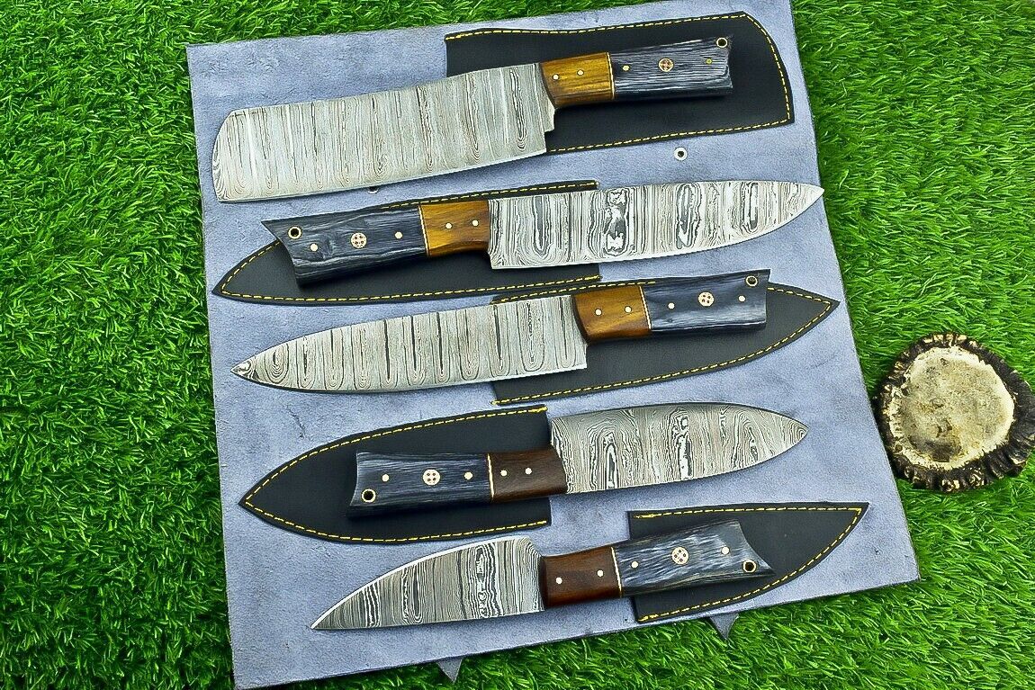 5 pc custom Damascus kitchen knife set with hand forged 384 layer steel blades and wood handles.