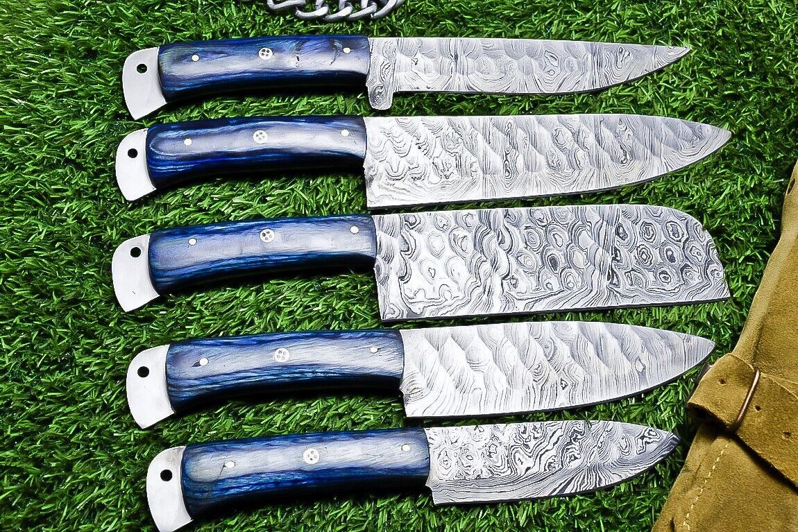 5 pc custom Damascus kitchen knife set featuring hand forged 384 layer steel blades and hardwood handles.