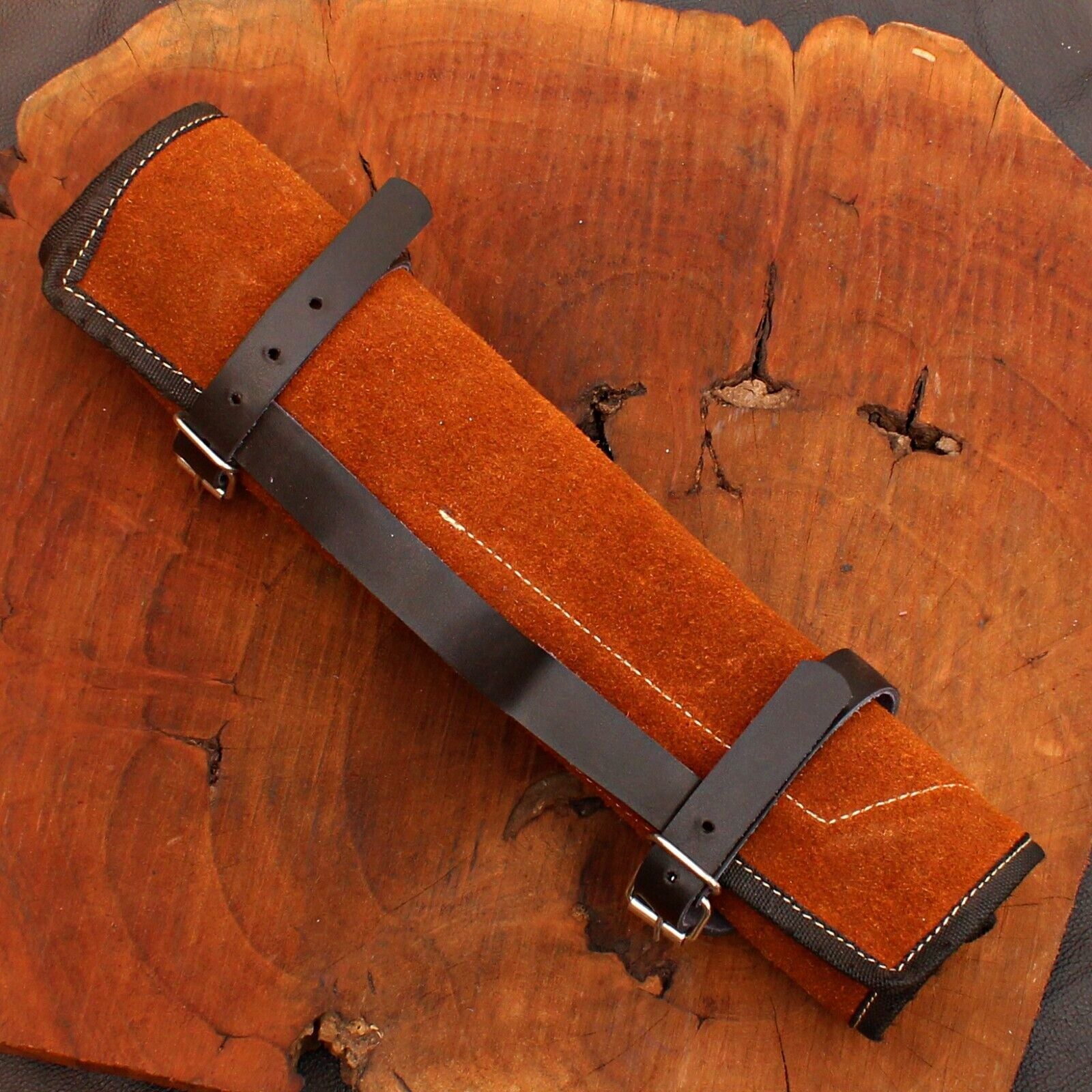 Complete 5 pc Damascus steel chef knife set stored safely in individual leather sheaths, ready for kitchen use.