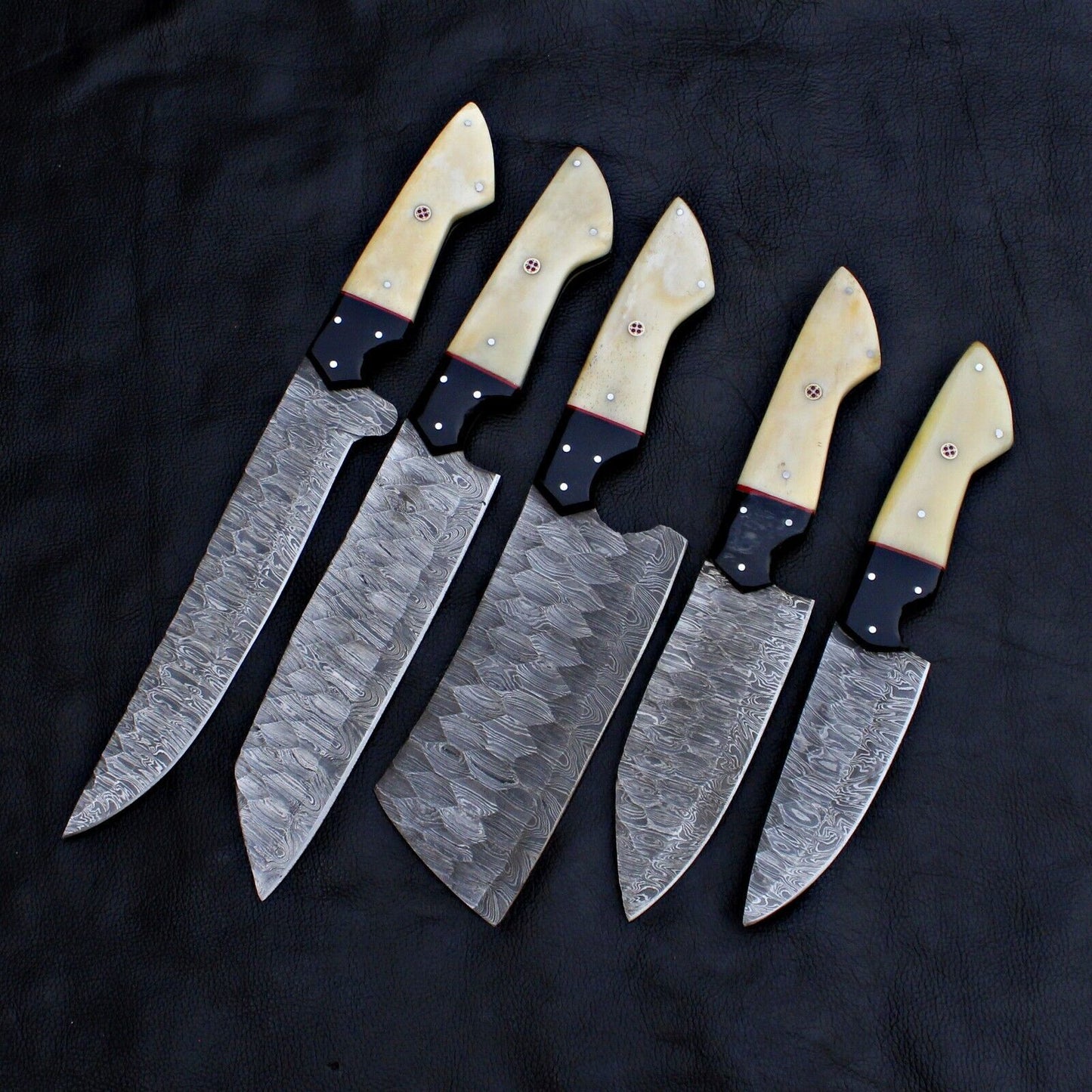 Hand forged 5 piece Damascus steel kitchen knife set featuring professional full tang construction for superior durability.