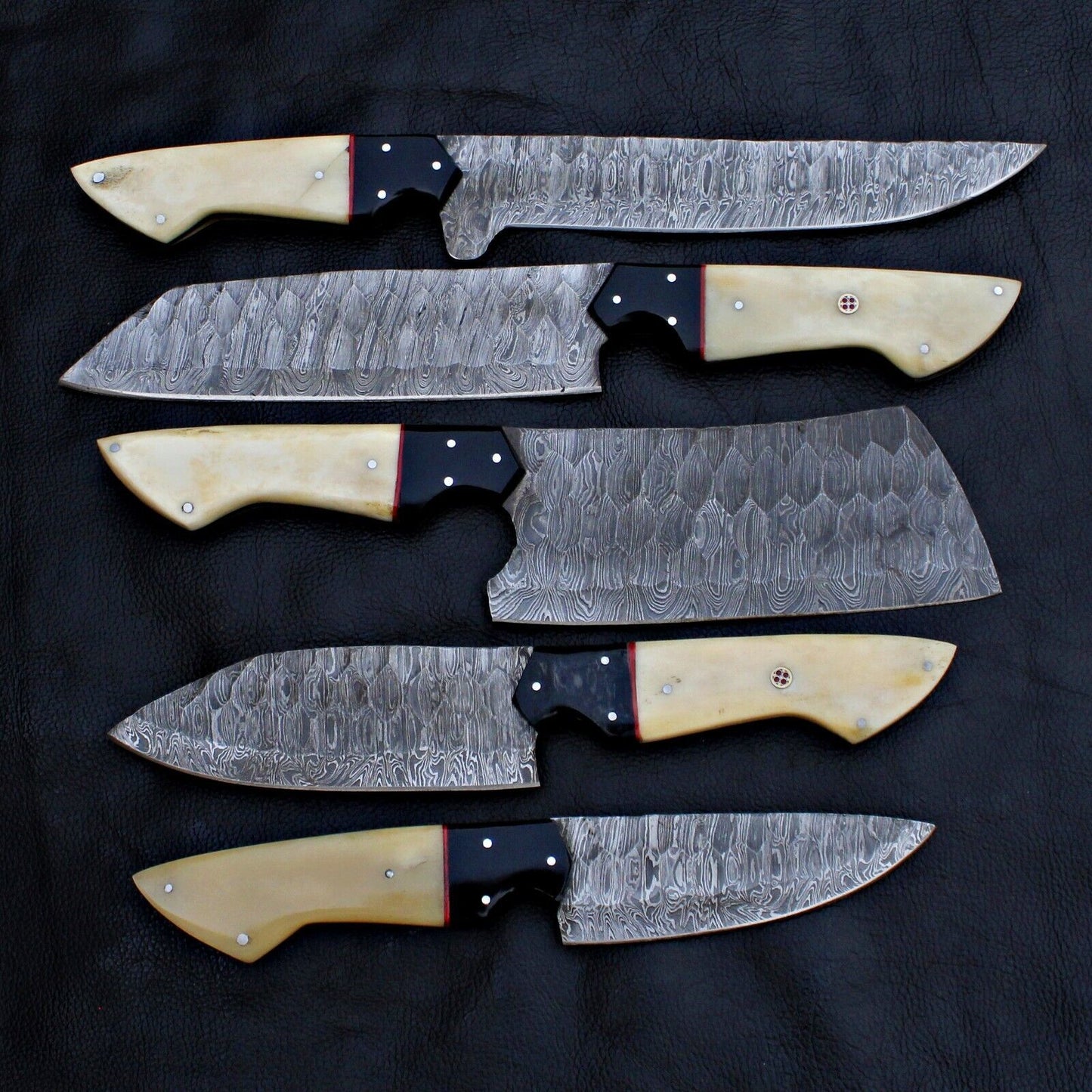 Hand forged 5 piece Damascus steel kitchen knife set featuring professional full tang construction for superior durability.