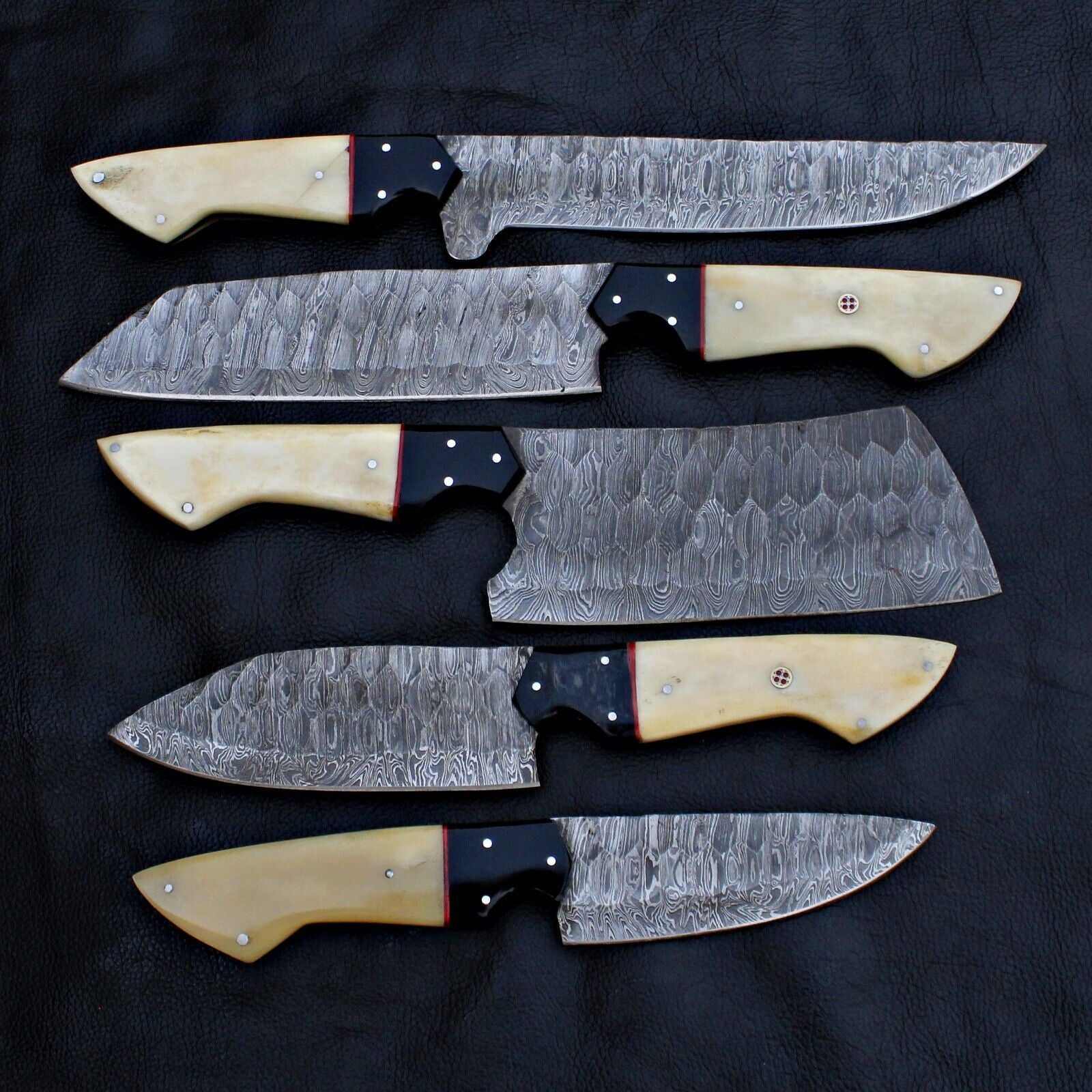 Hand forged 5 piece Damascus steel kitchen knife set featuring professional full tang construction for superior durability.