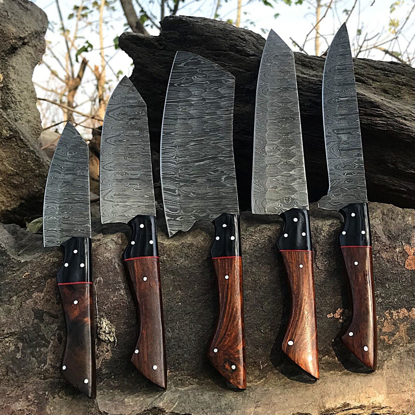 Complete 5 pc professional Damascus chef knife set including various blade styles for versatile kitchen use.