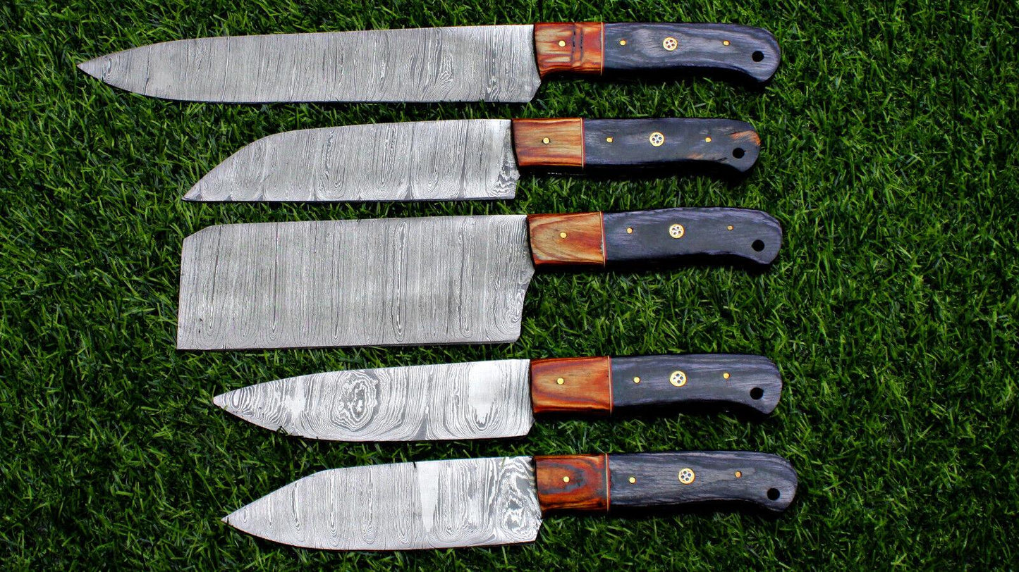 Complete 5 pc Damascus steel kitchen knife set displayed with protective storage sheaths.