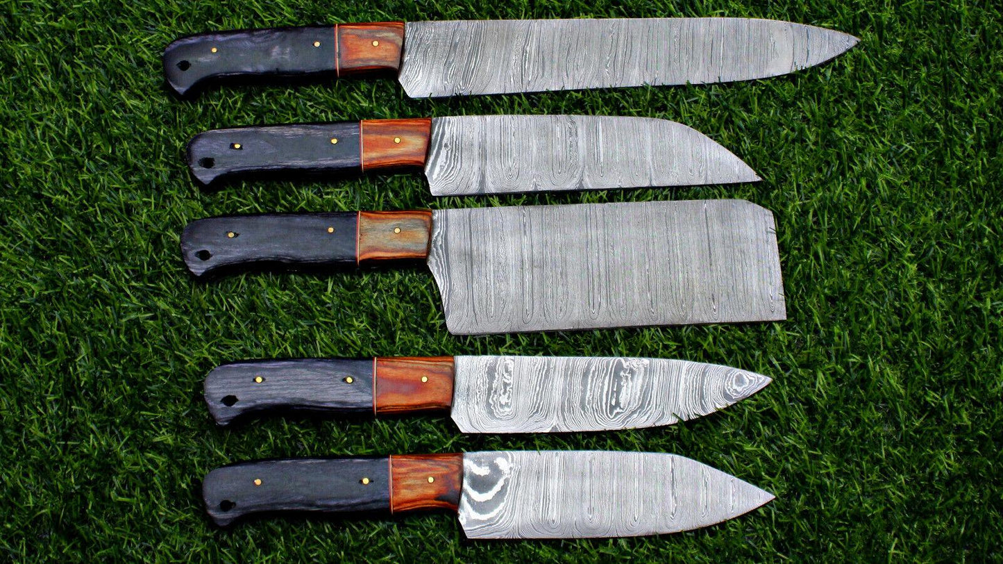 5pc custom handmade Damascus chef knife set with forged steel blades on a rustic wooden background.