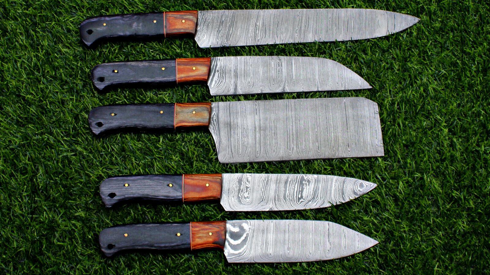 5pc custom handmade Damascus chef knife set with forged steel blades on a rustic wooden background.