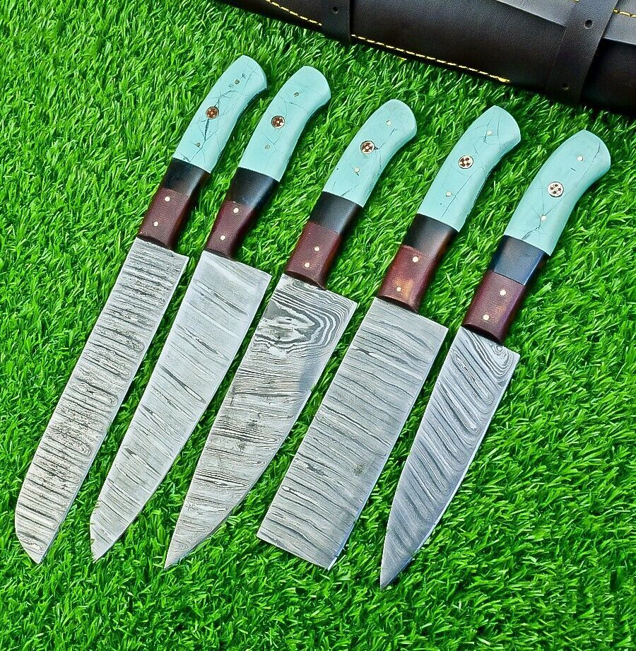 5 pc custom Damascus kitchen knife set featuring 384 layer steel blades and modern resin and micarta handles.