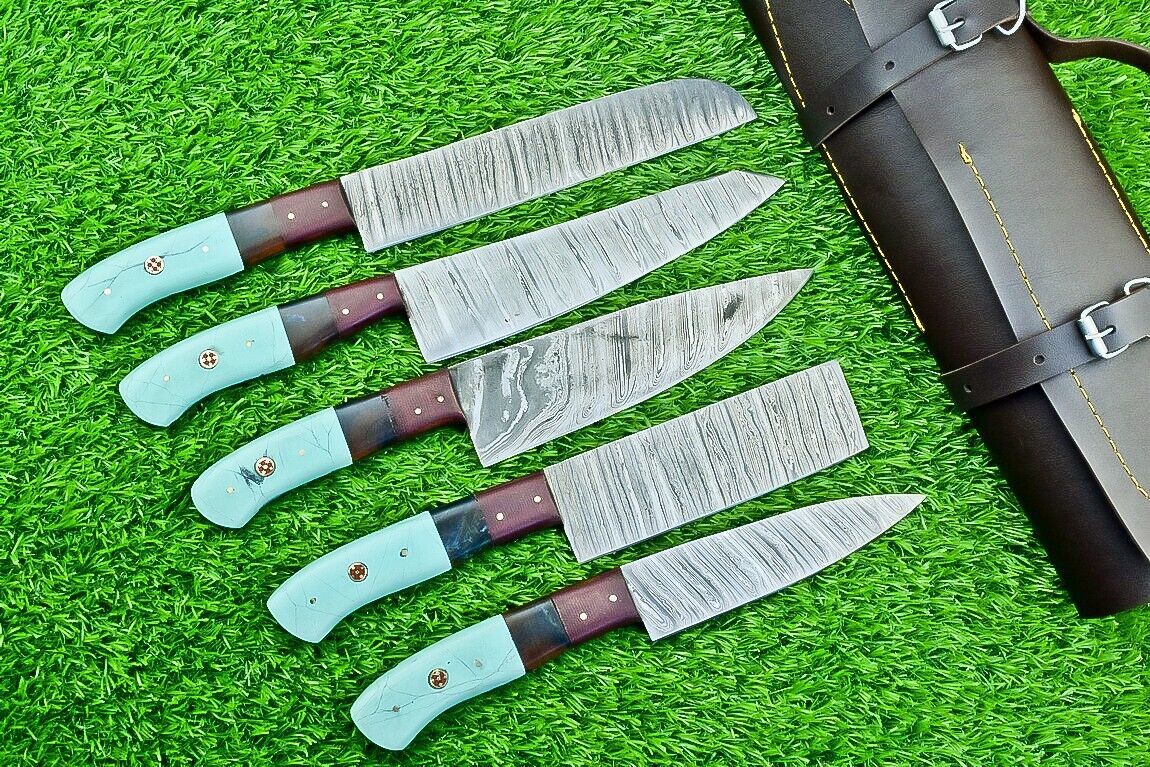 5 pc custom Damascus kitchen knife set featuring 384 layer steel blades and modern resin and micarta handles.