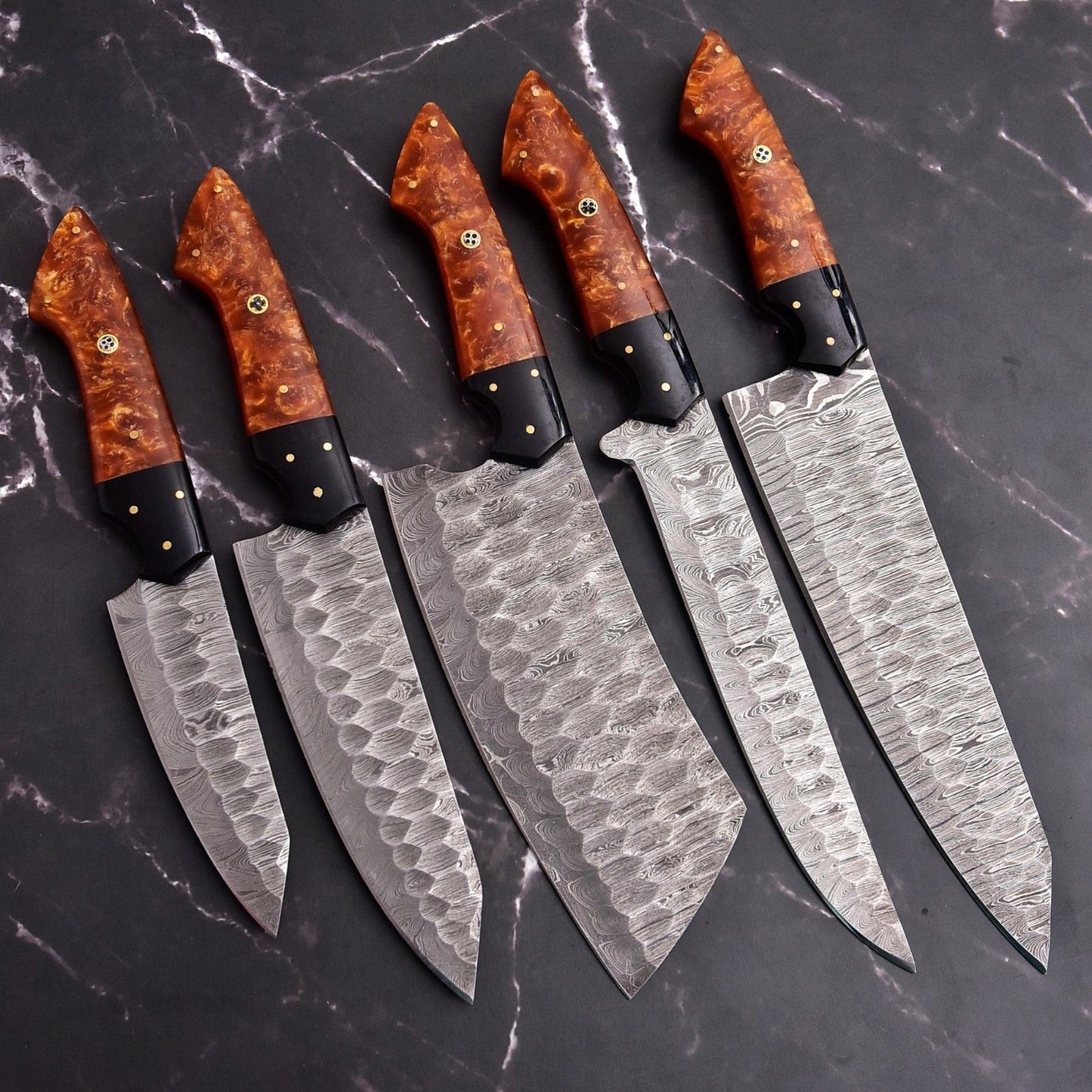 Premium 5 piece handmade Damascus chef knife set featuring durable resin handles.