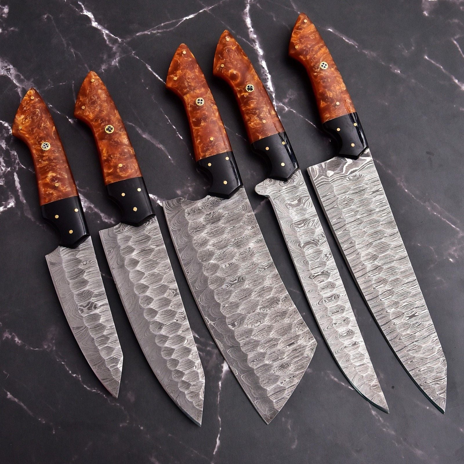 Premium 5 piece handmade Damascus chef knife set featuring durable resin handles.