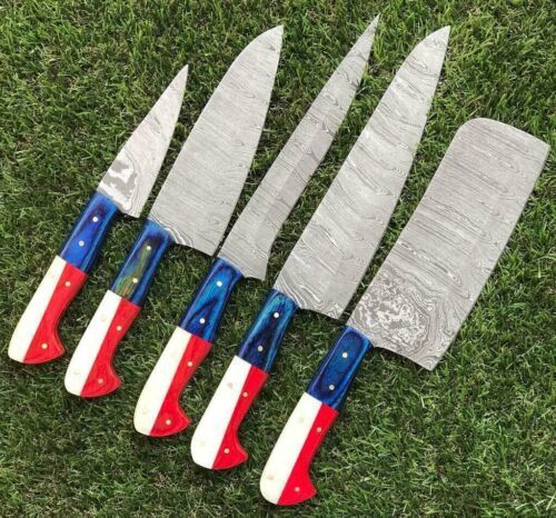 Handmade 5 piece Damascus steel kitchen knife set with unique wood and bone handles and leather sheaths.