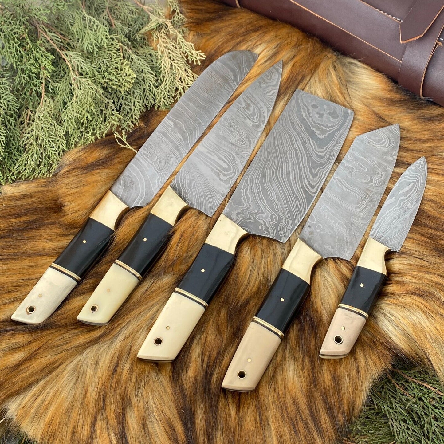Handcrafted 5 piece custom kitchen knife set with black coated steel blades and authentic bone and horn handles.