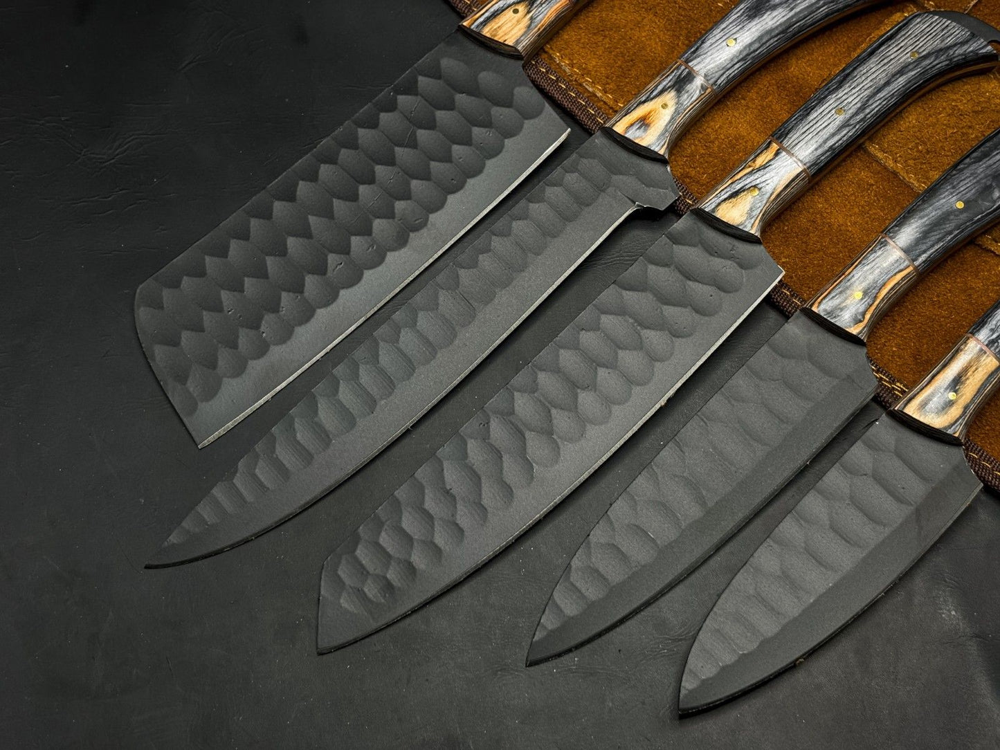 Professional full-tang carbon steel chef knife with ergonomic wood handle for precision kitchen tasks.