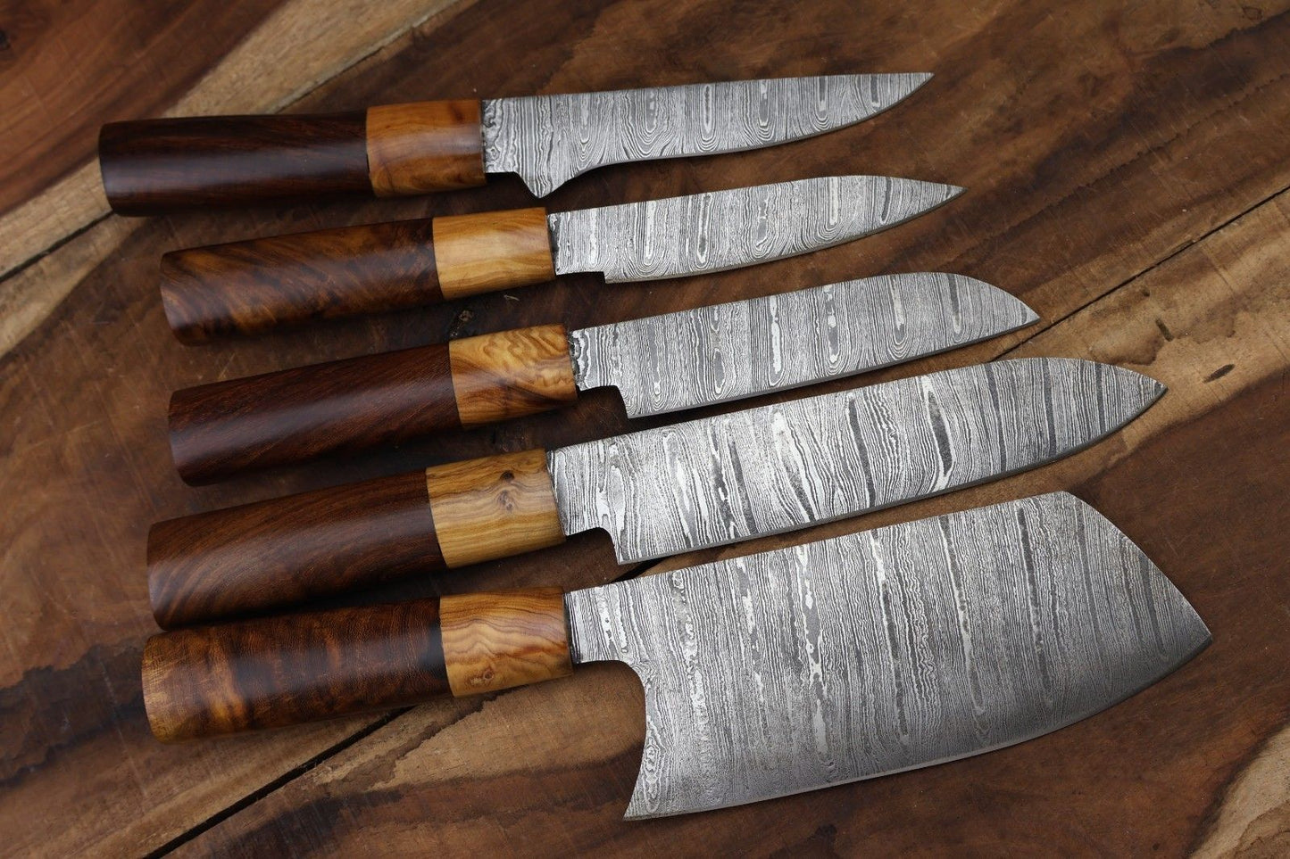 Hand forged 5 pc Damascus steel chef knife set with premium natural olive wood handles, complete with individual leather sheaths.