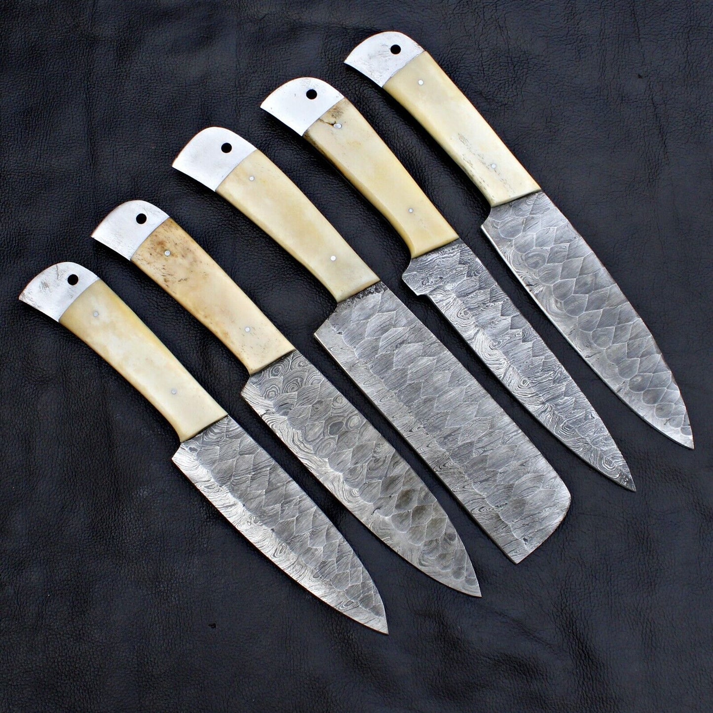 5pc custom hand forged Damascus steel kitchen chef set featuring full tang blades.