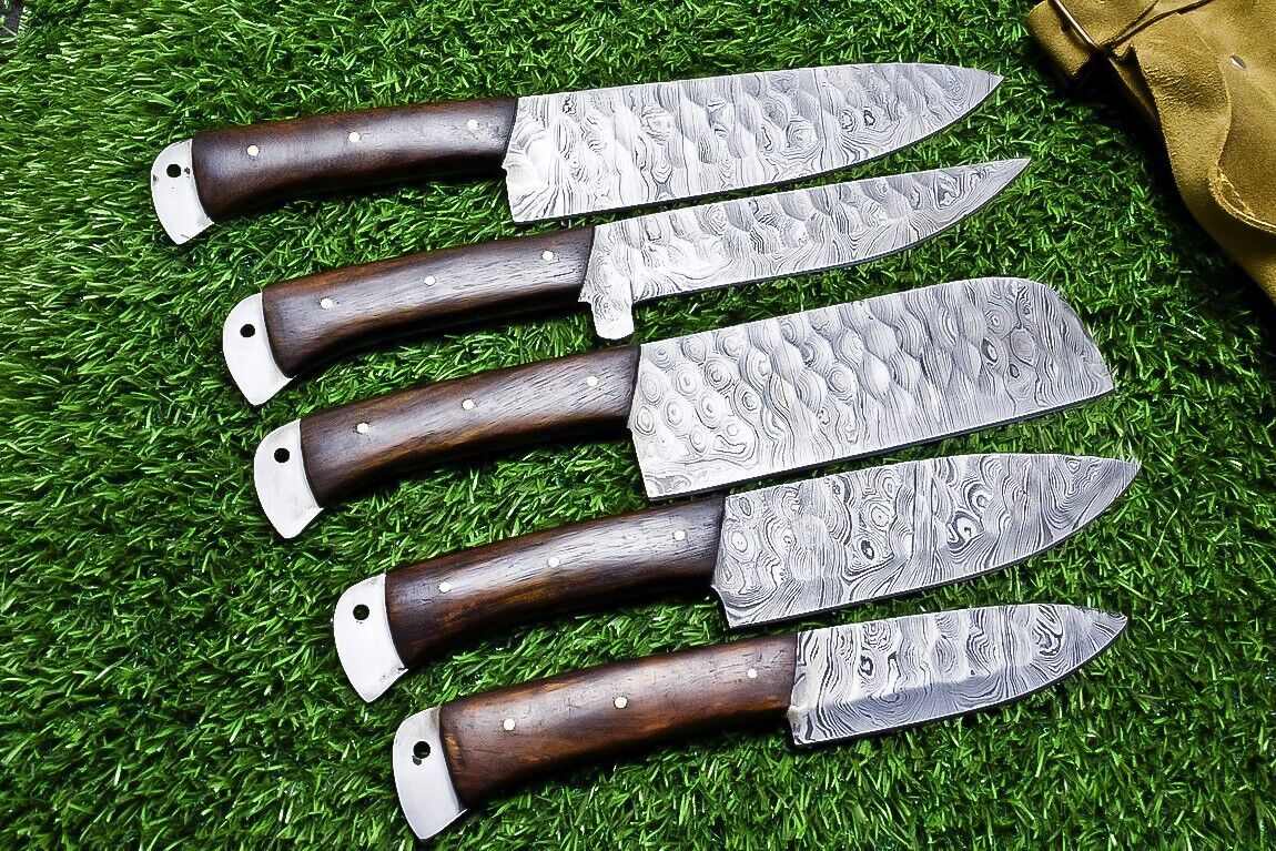 5 pc custom Damascus kitchen knife set with natural wood handles and hand forged 384 layer steel blades.