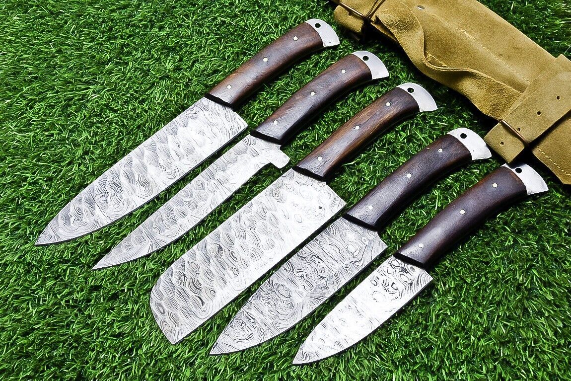 5 pc custom Damascus kitchen knife set with natural wood handles and hand forged 384 layer steel blades.