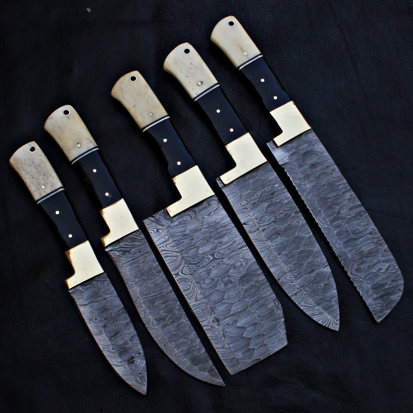 5pc custom hand forged Damascus steel kitchen chef set featuring full tang blades.