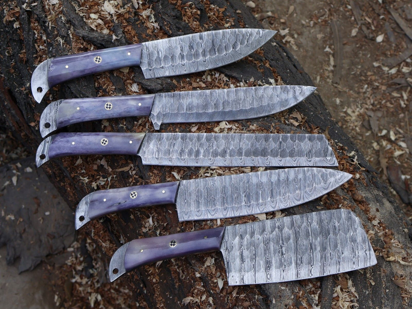 5pc handmade Damascus chef knife set with natural bone handles and leather sheaths