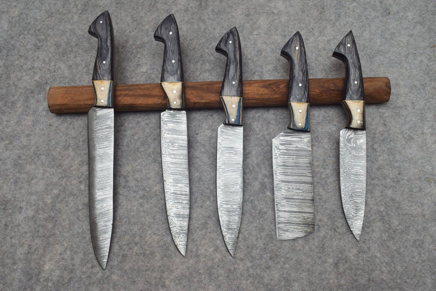 Complete 5 pc handmade Damascus kitchen knife collection, varying from 8 to 12 inches for versatile culinary tasks.