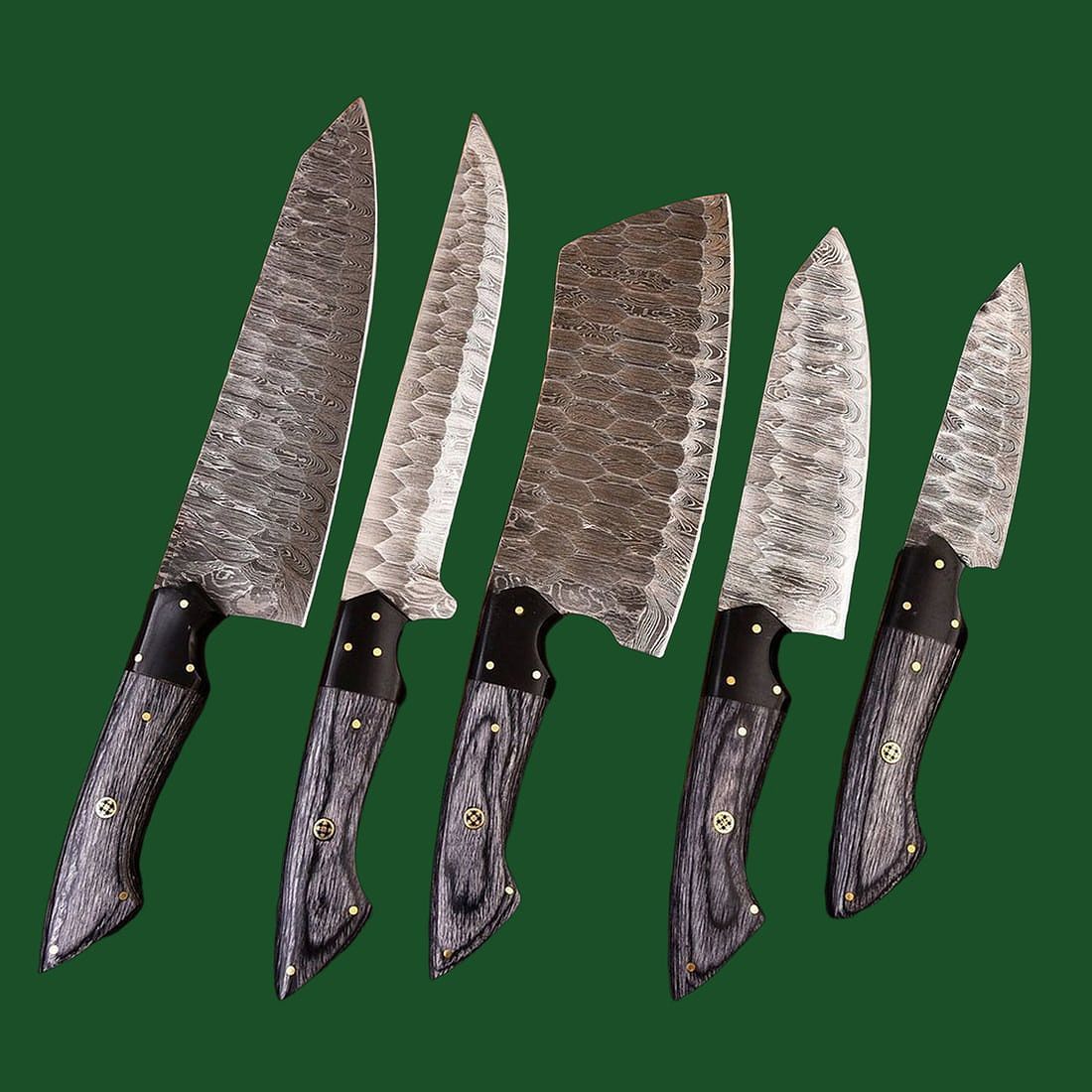 Hand forged 5 piece Damascus steel kitchen knife set featuring elegant grey wood handles and protective leather sheaths.