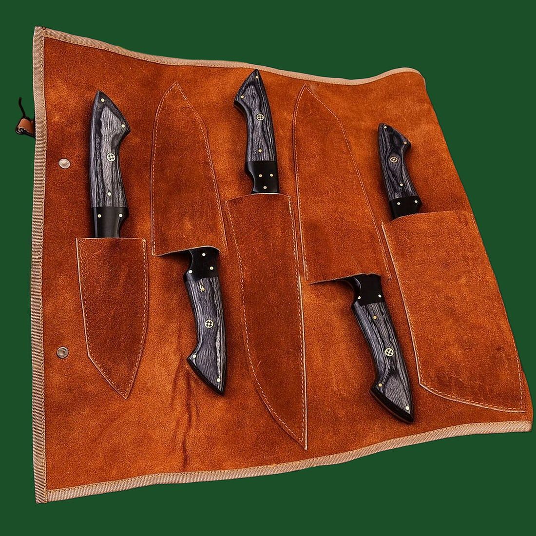Premium handmade leather storage roll holding a complete 5 piece Damascus kitchen knife set for safe transport.